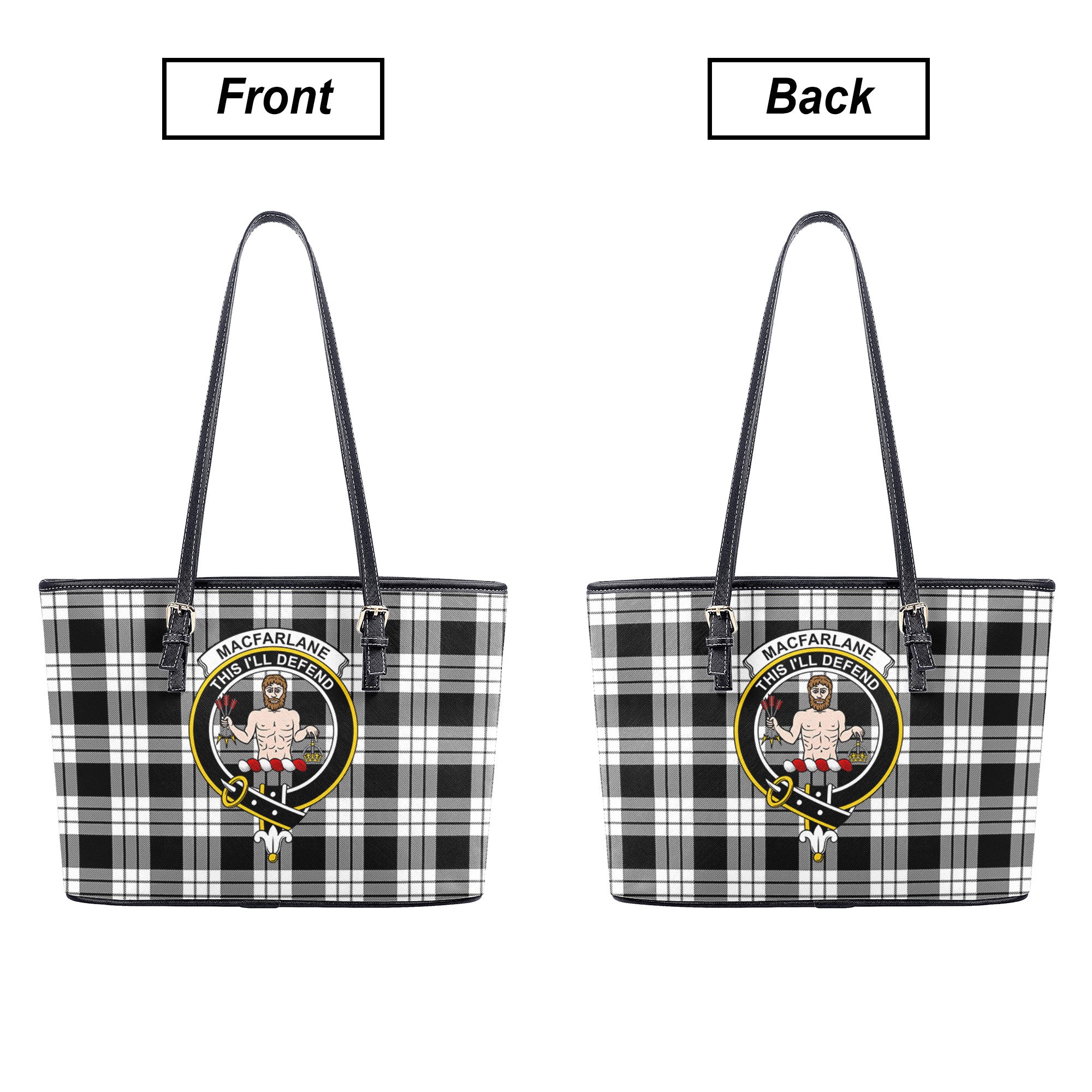 MacFarlane Black _ White Tartan Crest Leather Tote Bag