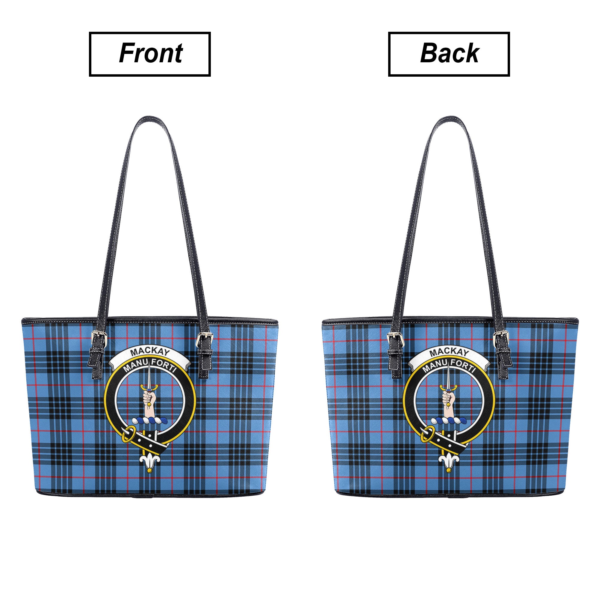 MacKay Blue Tartan Crest Leather Tote Bag