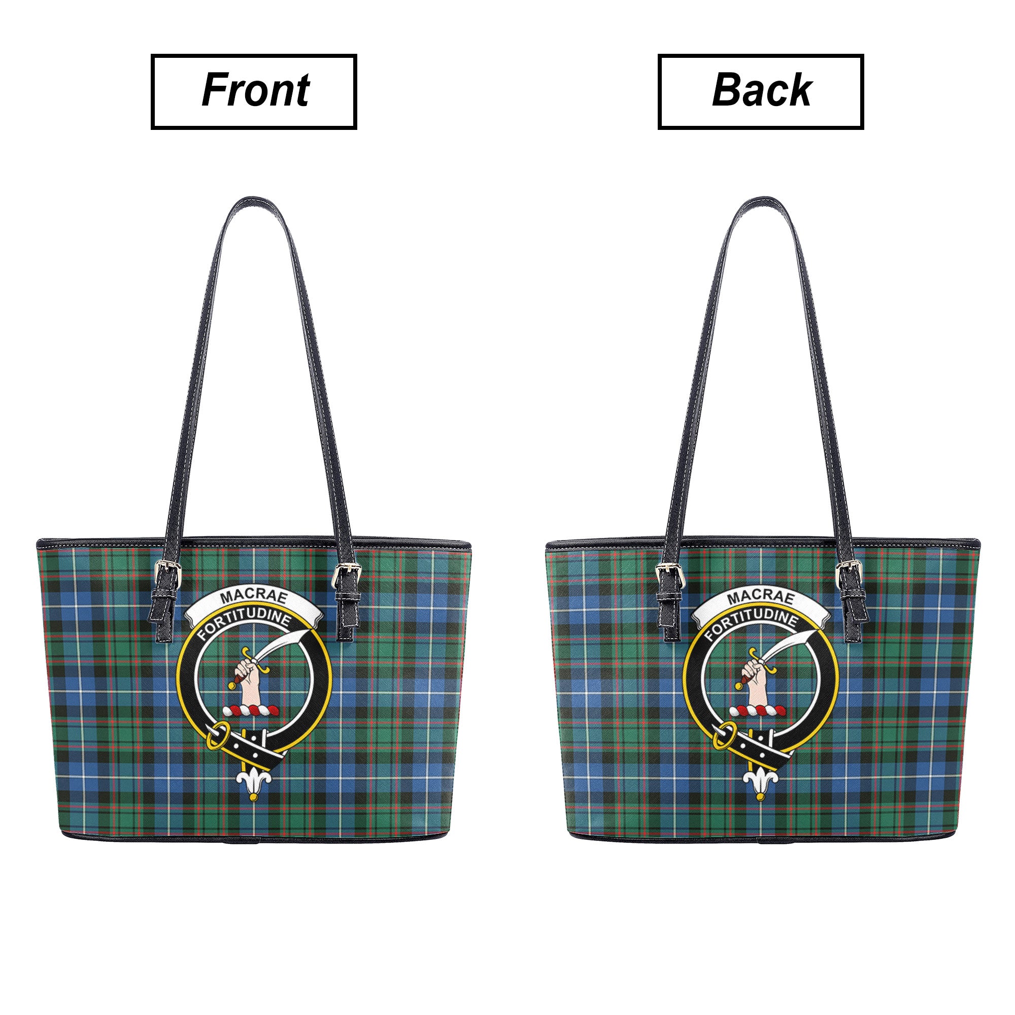 MacRae Hunting Ancient Tartan Crest Leather Tote Bag