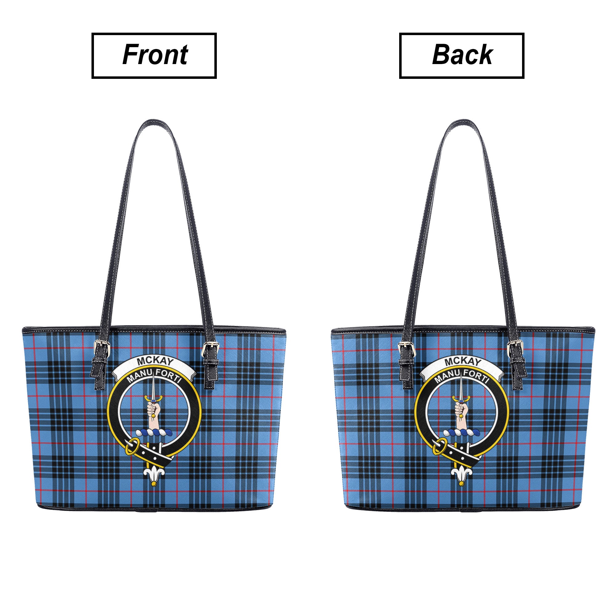 McKay Blue Tartan Crest Leather Tote Bag