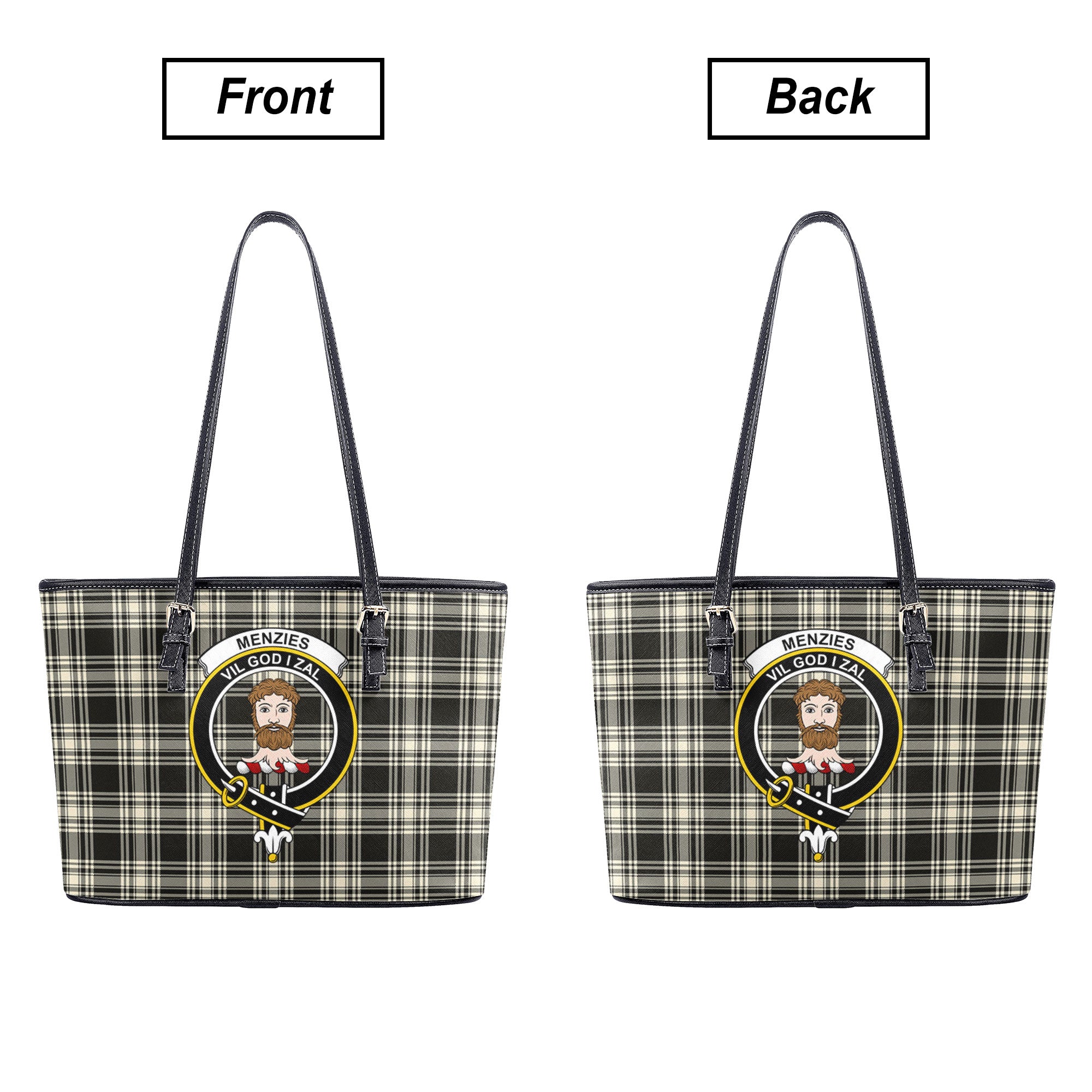 Menzies Black - White Ancient Tartan Crest Leather Tote Bag