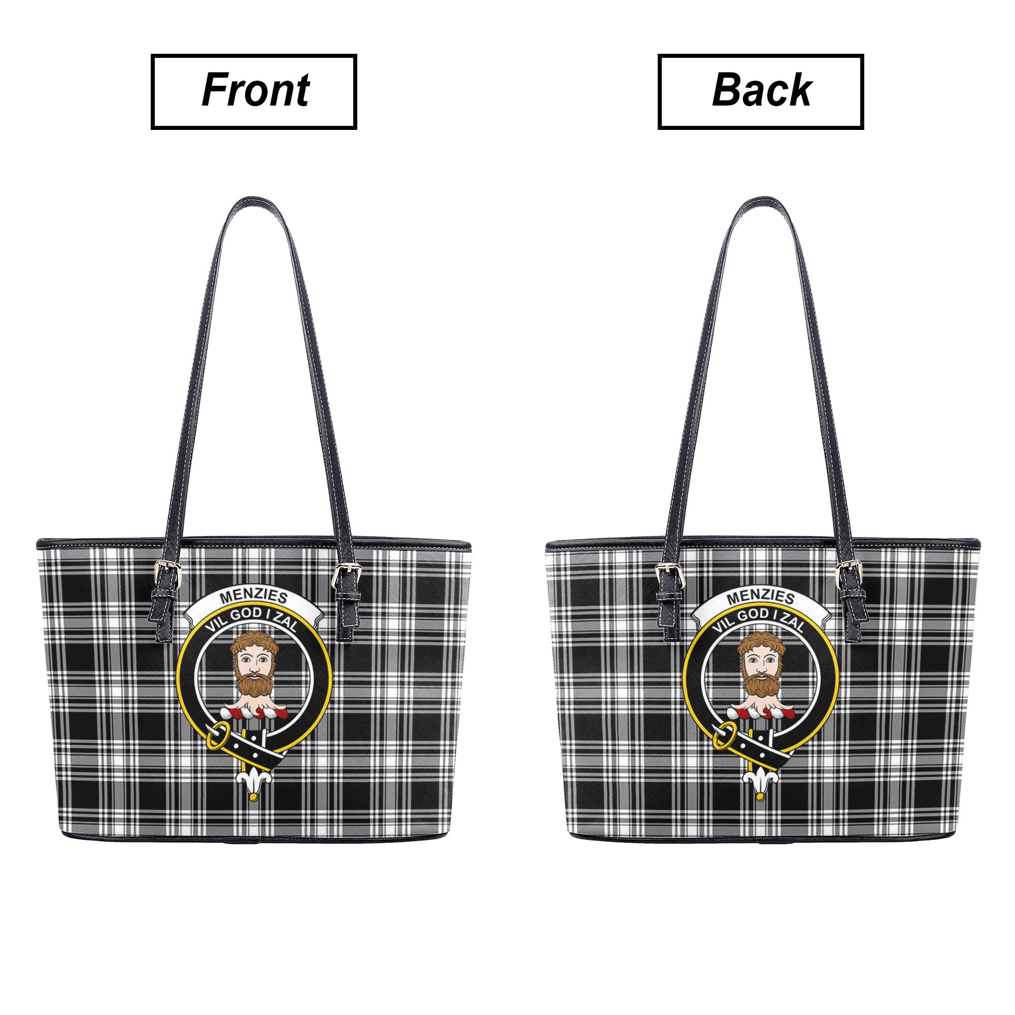 Menzies Black - White Modern Tartan Crest Leather Tote Bag