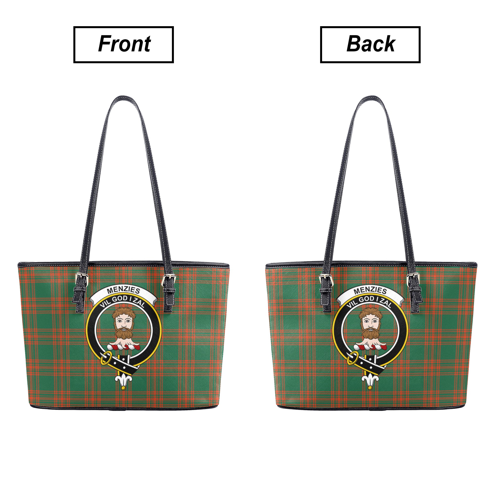 Menzies Green Ancient Tartan Crest Leather Tote Bag