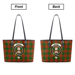 Menzies Green Modern Tartan Crest Leather Tote Bag