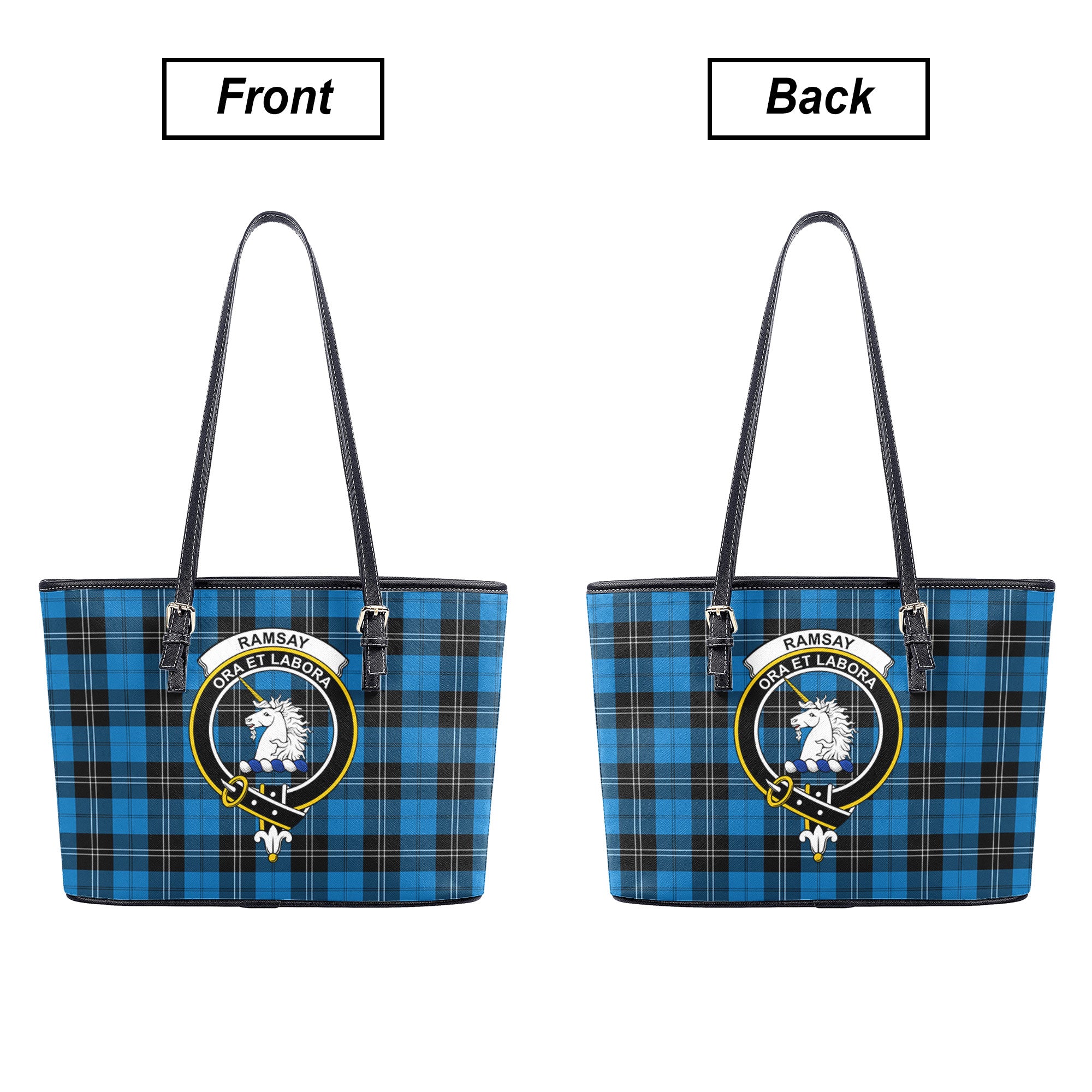 Ramsay Blue Ancient Tartan Crest Leather Tote Bag