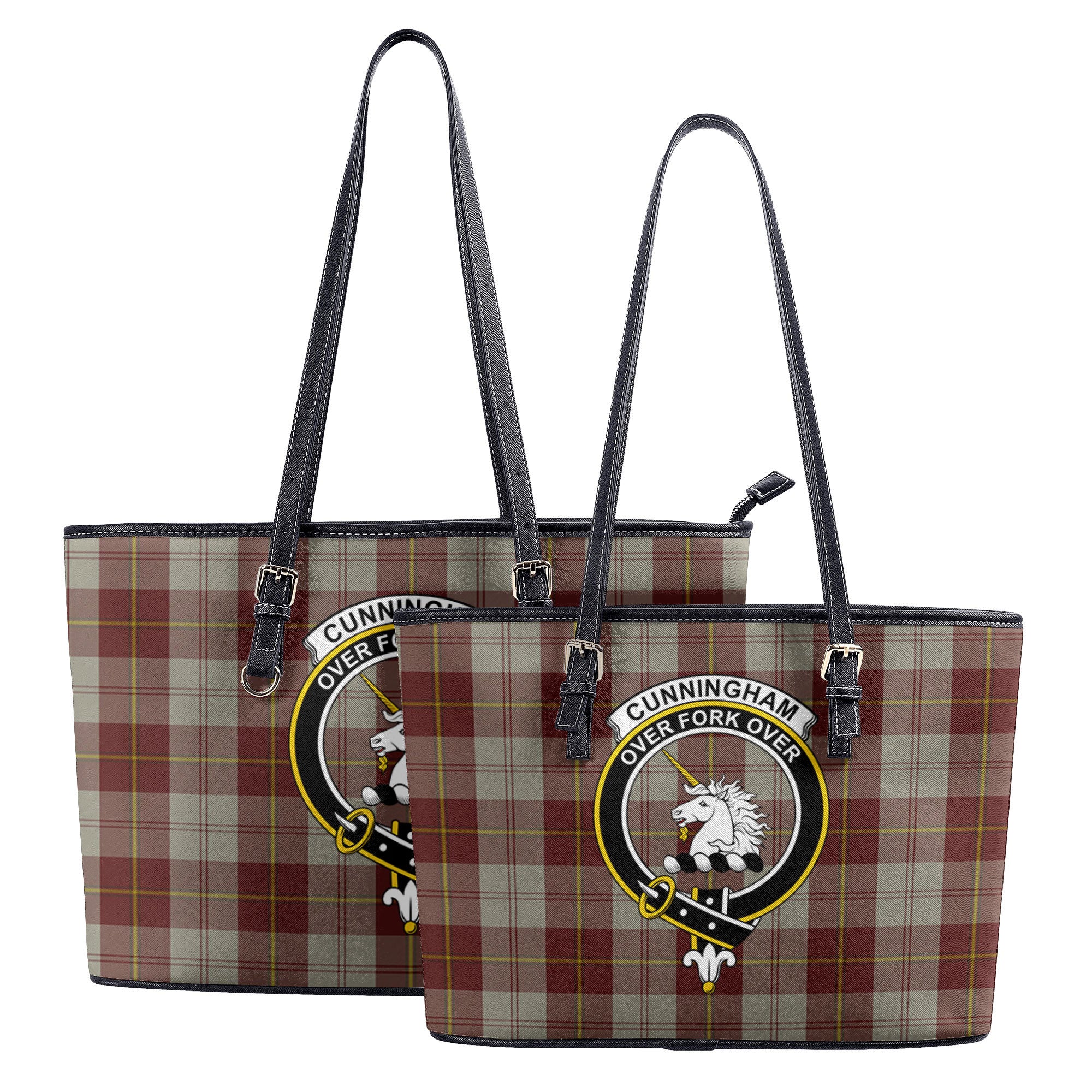 Cunningham Burgundy Dancers Tartan Crest Leather Tote Bag