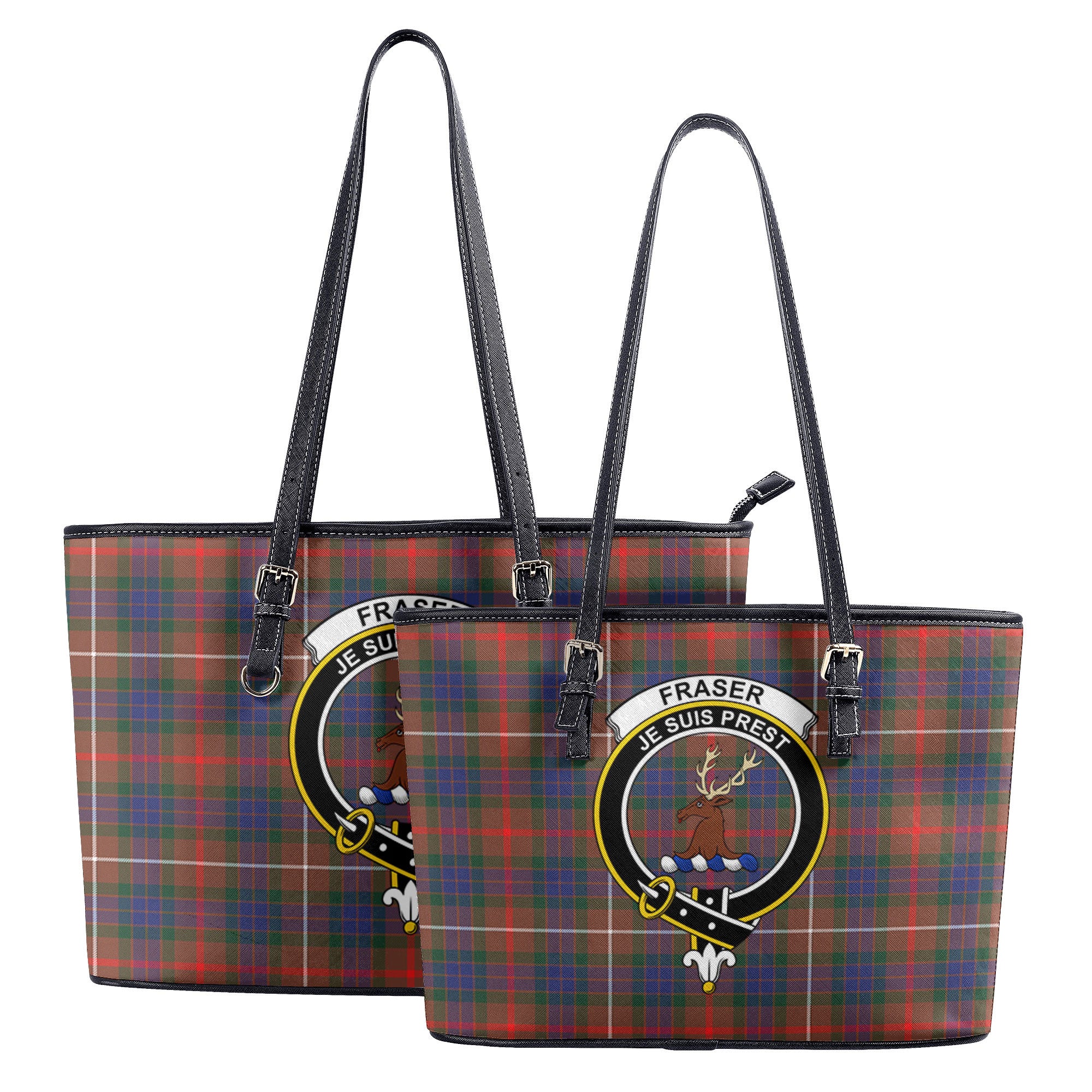 Fraser (of Lovat) Hunting Modern Tartan Crest Leather Tote Bag