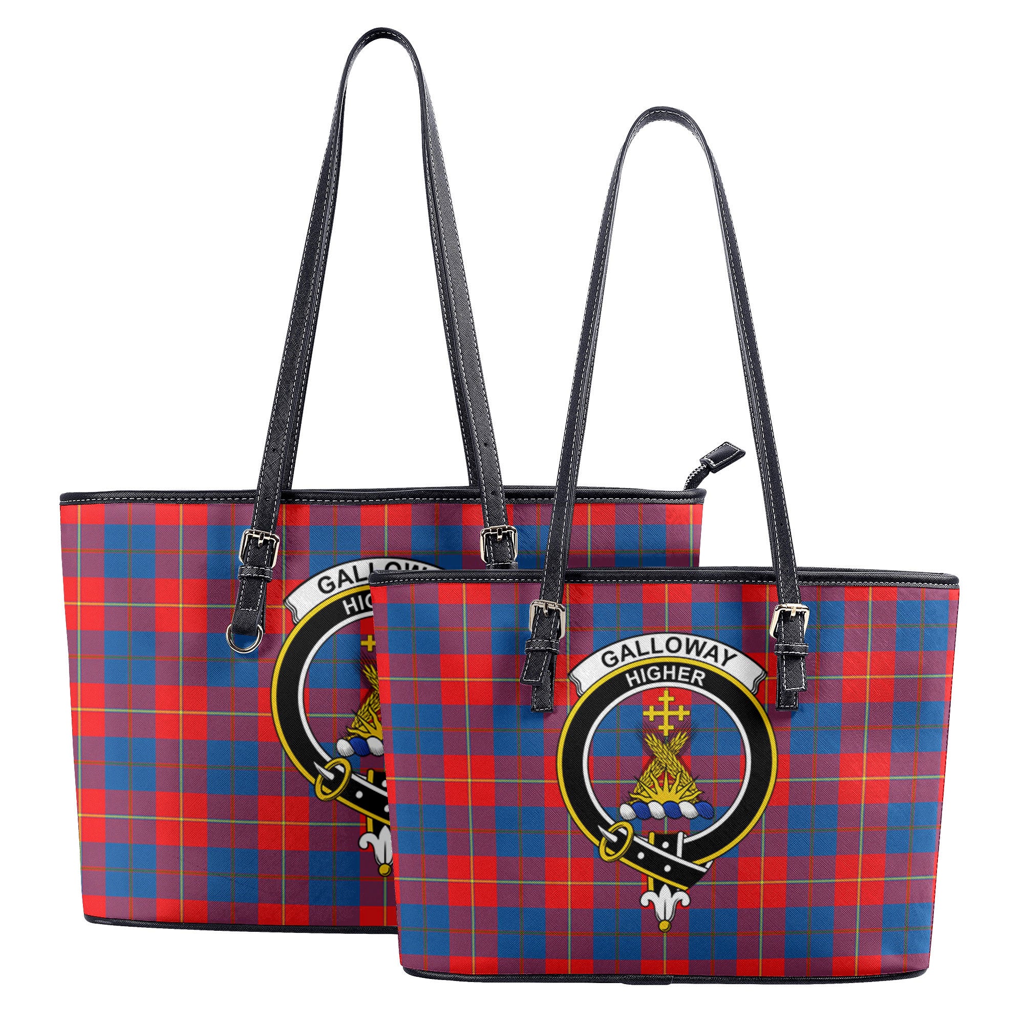 Galloway Red Tartan Crest Leather Tote Bag