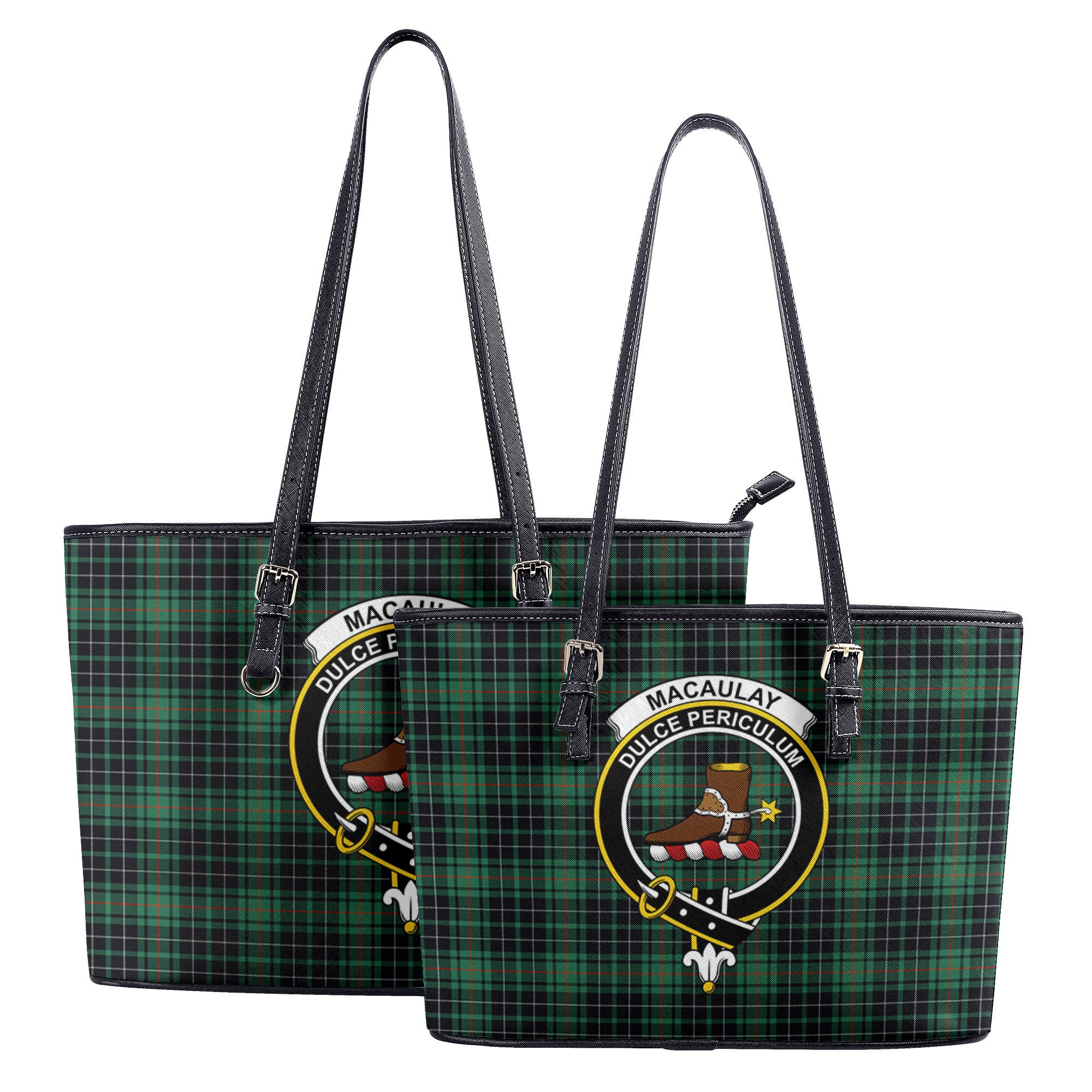 MacAulay Hunting Ancient Tartan Crest Leather Tote Bag