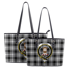 Menzies Black - White Modern Tartan Crest Leather Tote Bag