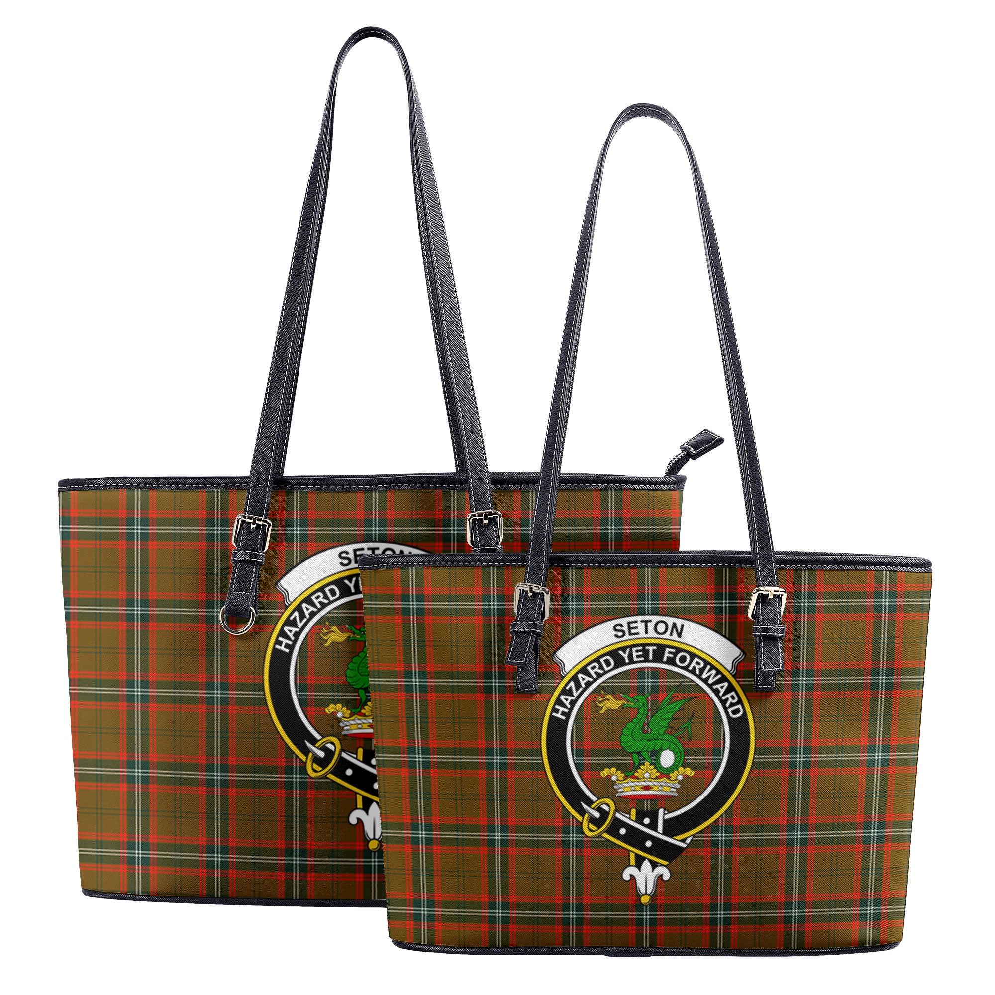 Seton Hunting Modern Tartan Crest Leather Tote Bag