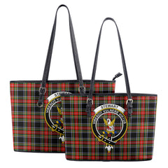 Stewart Black Tartan Crest Leather Tote Bag