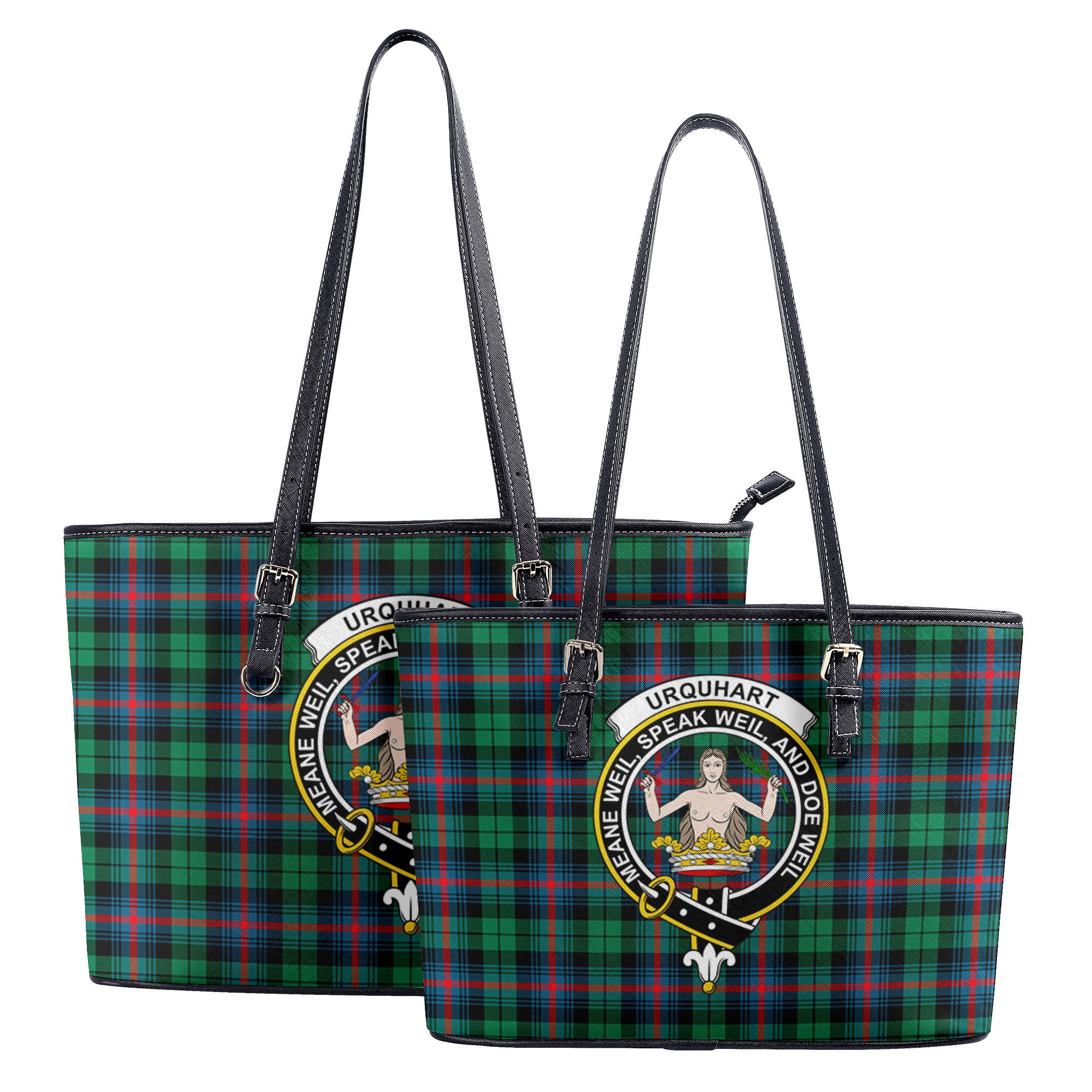 Urquhart Broad Red Ancient Tartan Crest Leather Tote Bag