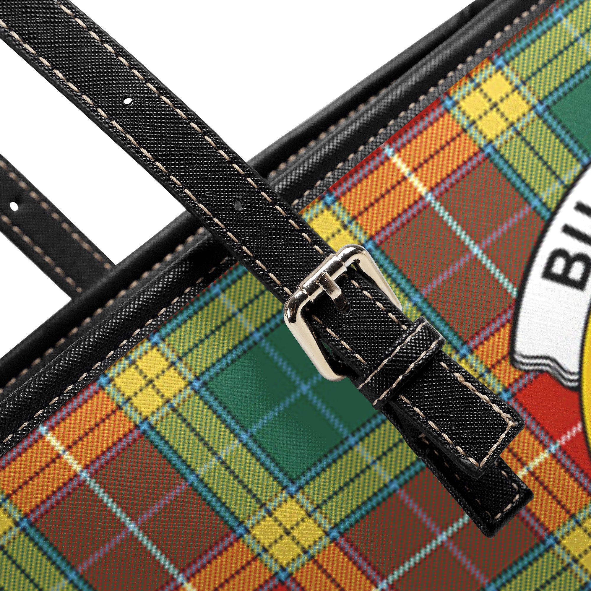 Buchanan Old Sett Tartan Crest Leather Tote Bag