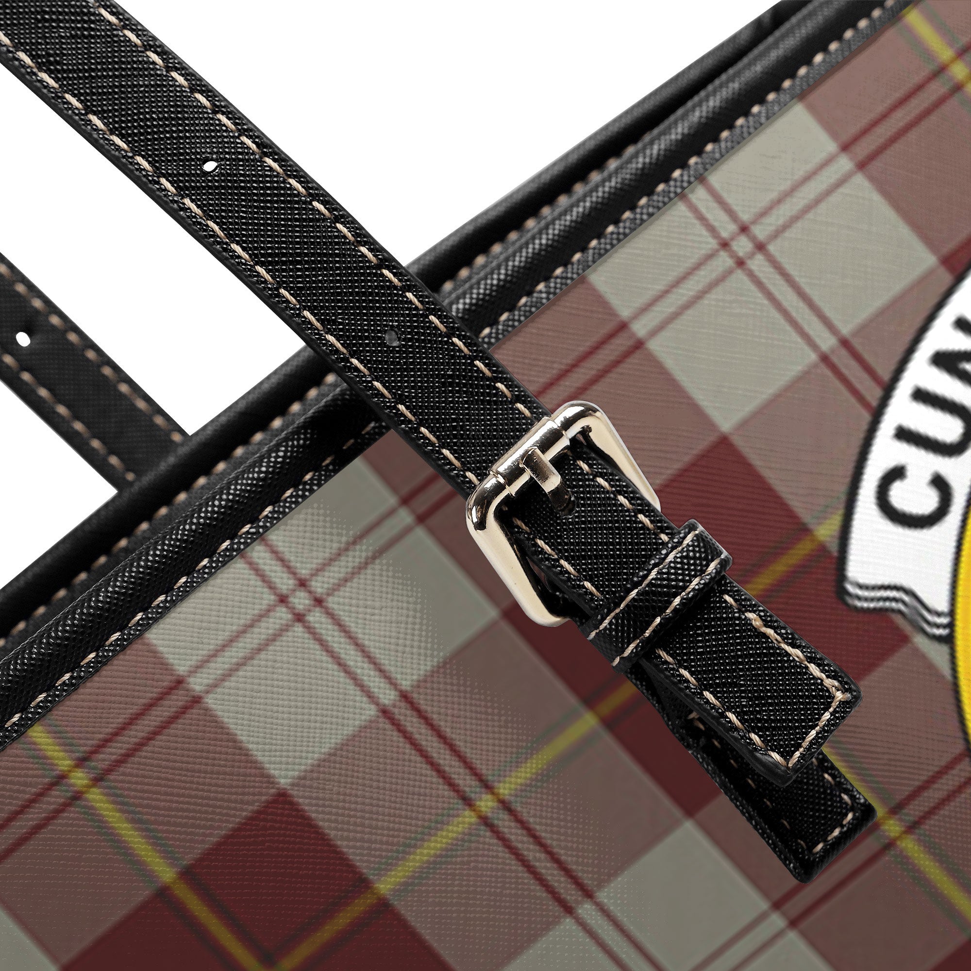 Cunningham Burgundy Dancers Tartan Crest Leather Tote Bag