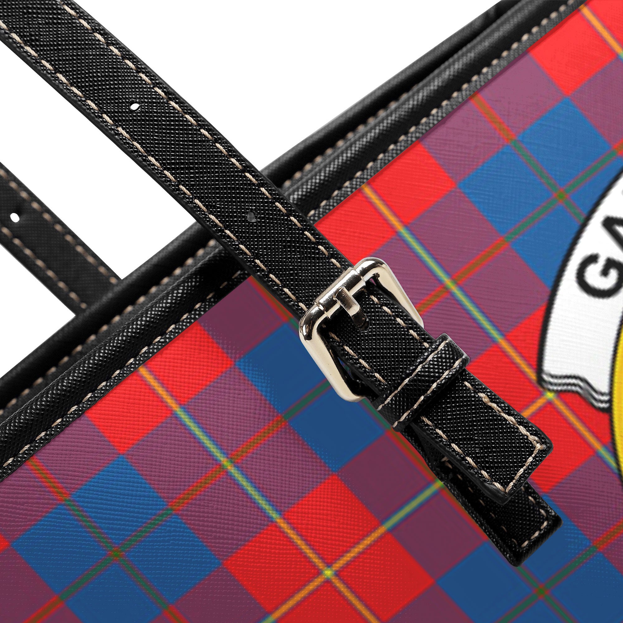 Galloway Red Tartan Crest Leather Tote Bag