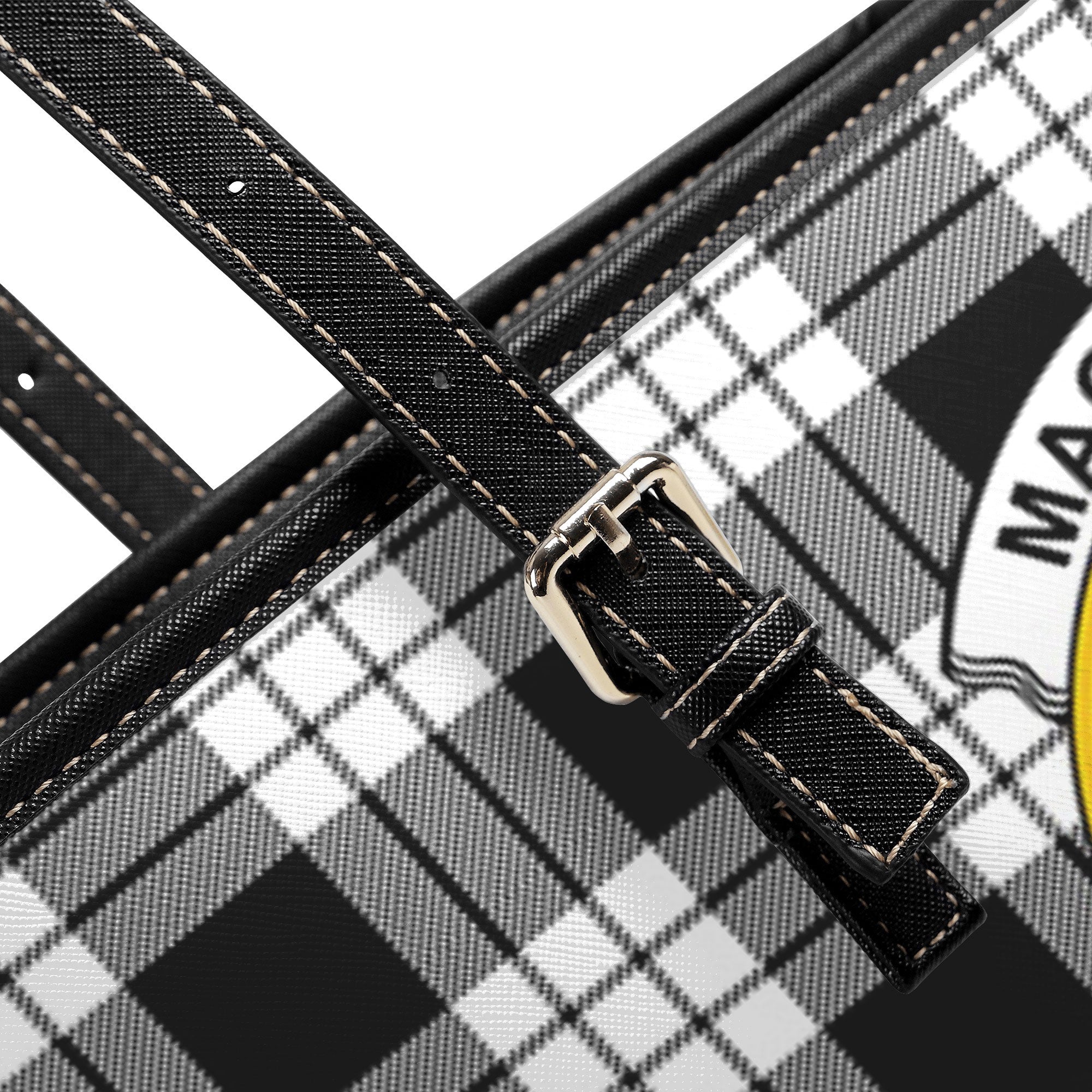 MacFarlane Black _ White Tartan Crest Leather Tote Bag