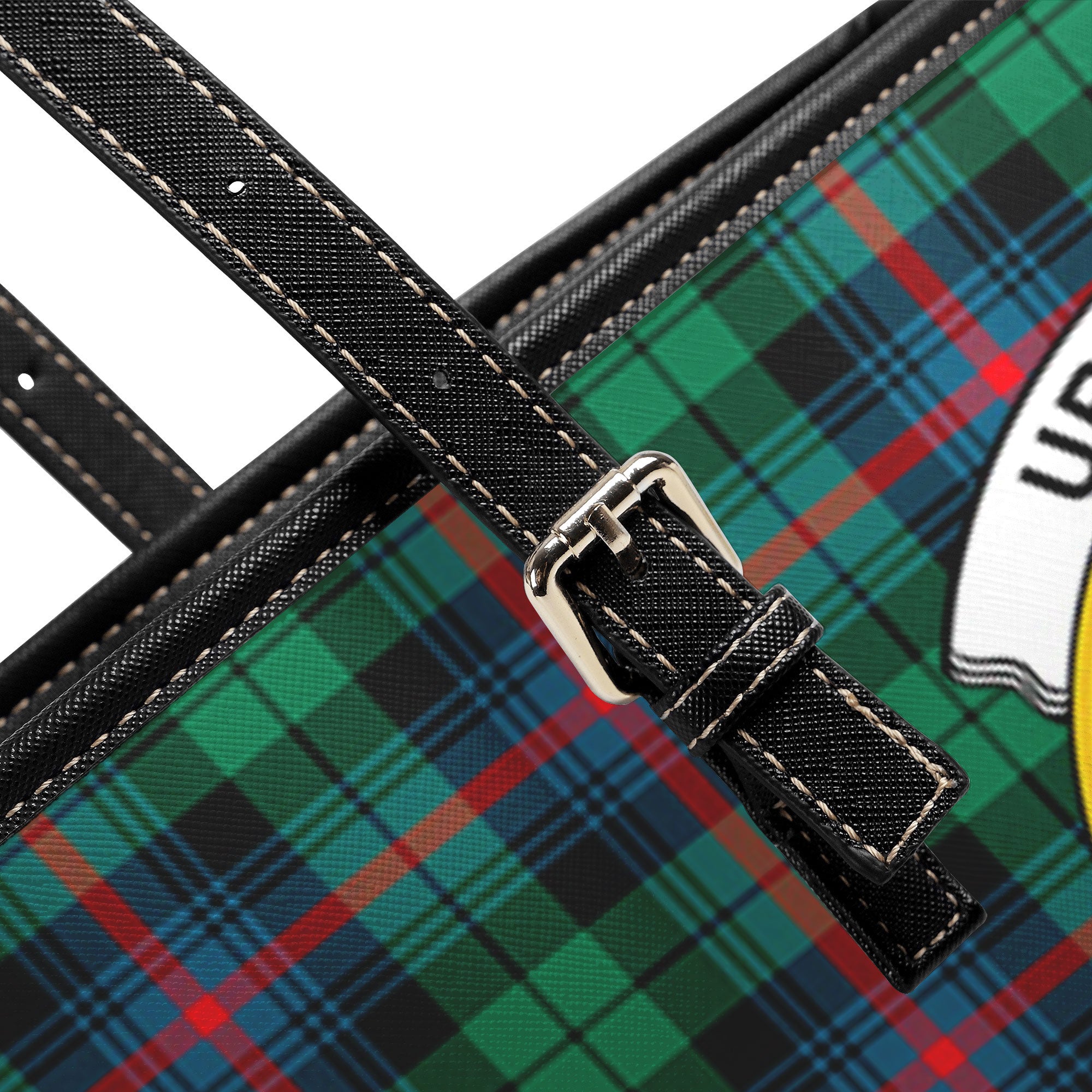 Urquhart Broad Red Ancient Tartan Crest Leather Tote Bag