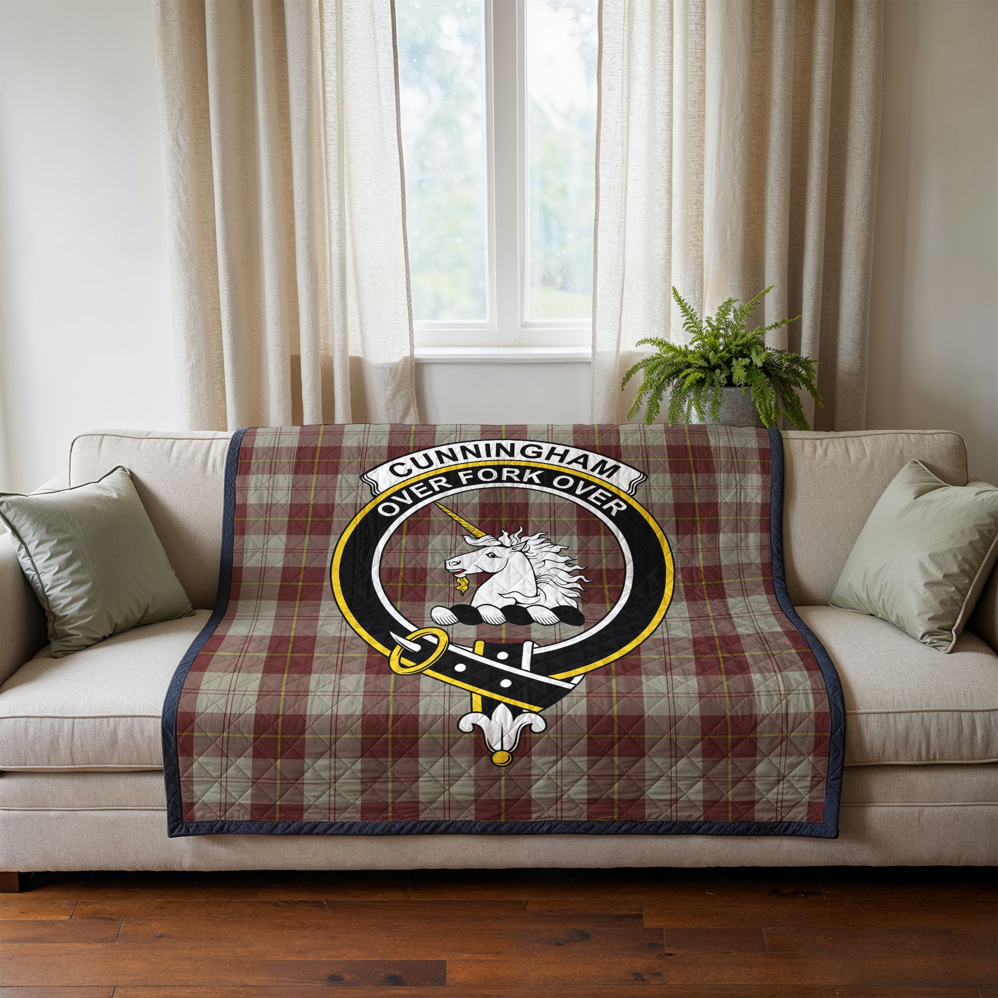 Cunningham Burgundy Dancers Tartan Crest Quilt