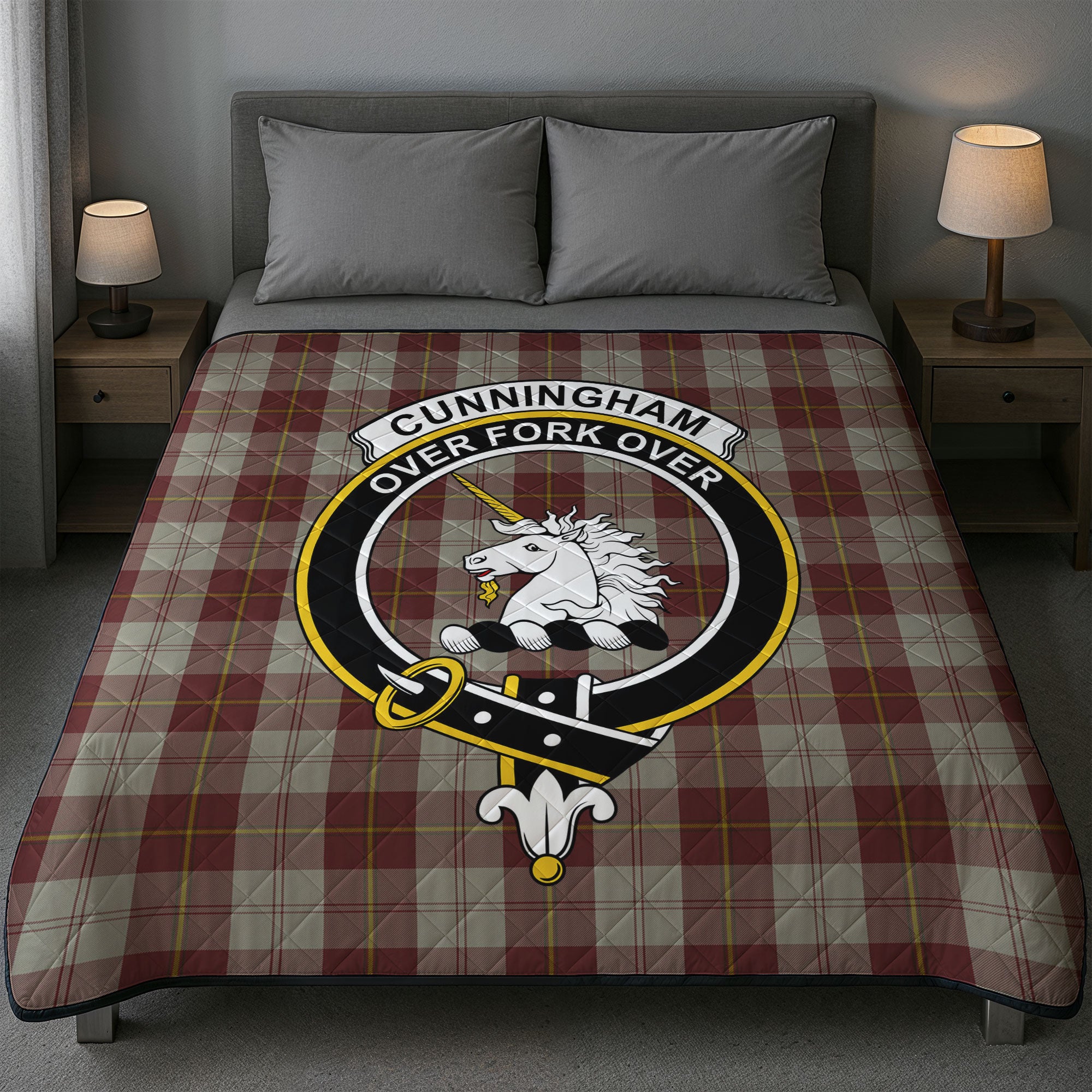 Cunningham Burgundy Dancers Tartan Crest Quilt