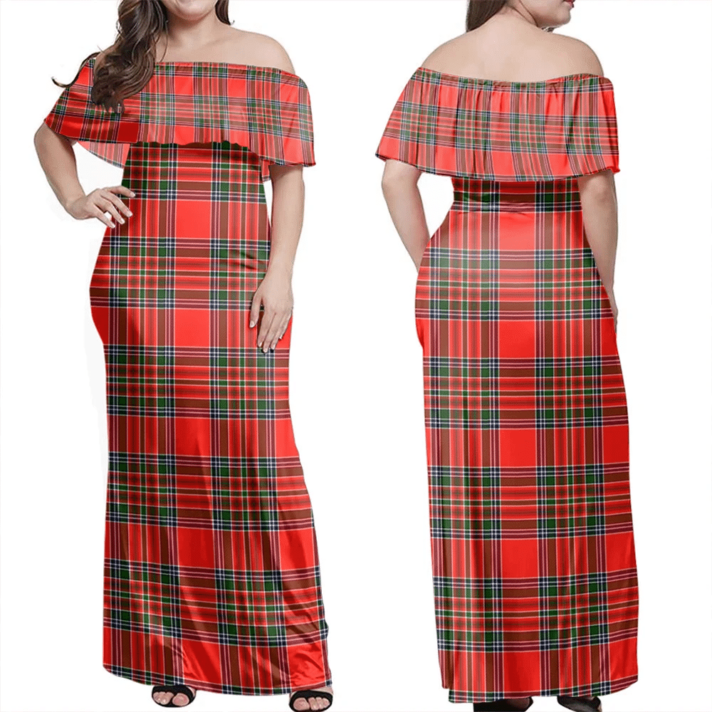 MacBean Modern Tartan Off Shoulder Long Dress