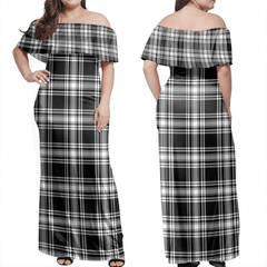 Menzies Black & White Modern Tartan Off Shoulder Long Dress