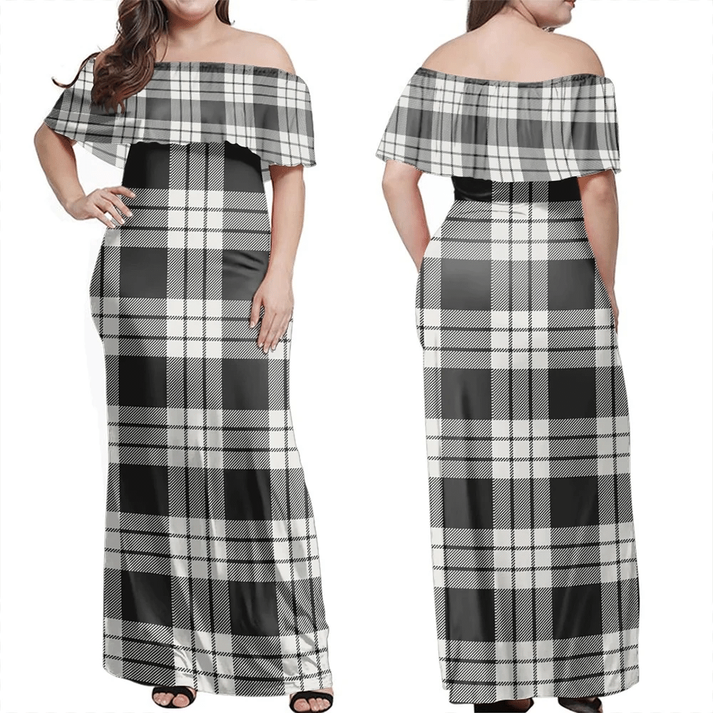 MacFarlane Black & White Tartan Off Shoulder Long Dress