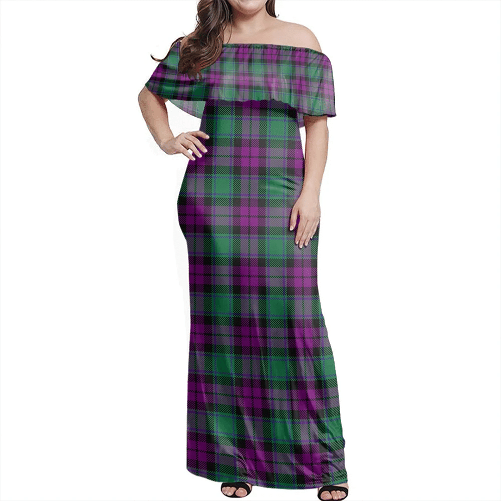 MacArthur Milton Tartan Off Shoulder Long Dress