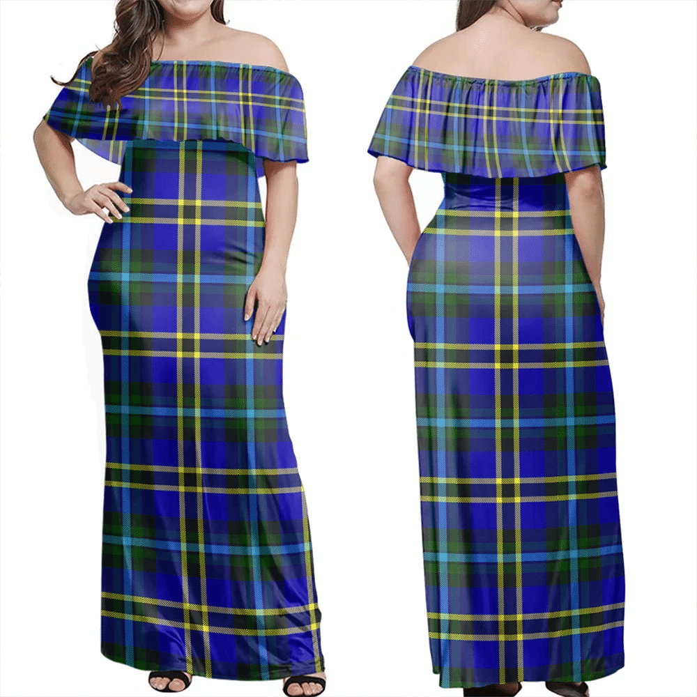 Weir Modern Tartan Off Shoulder Long Dress