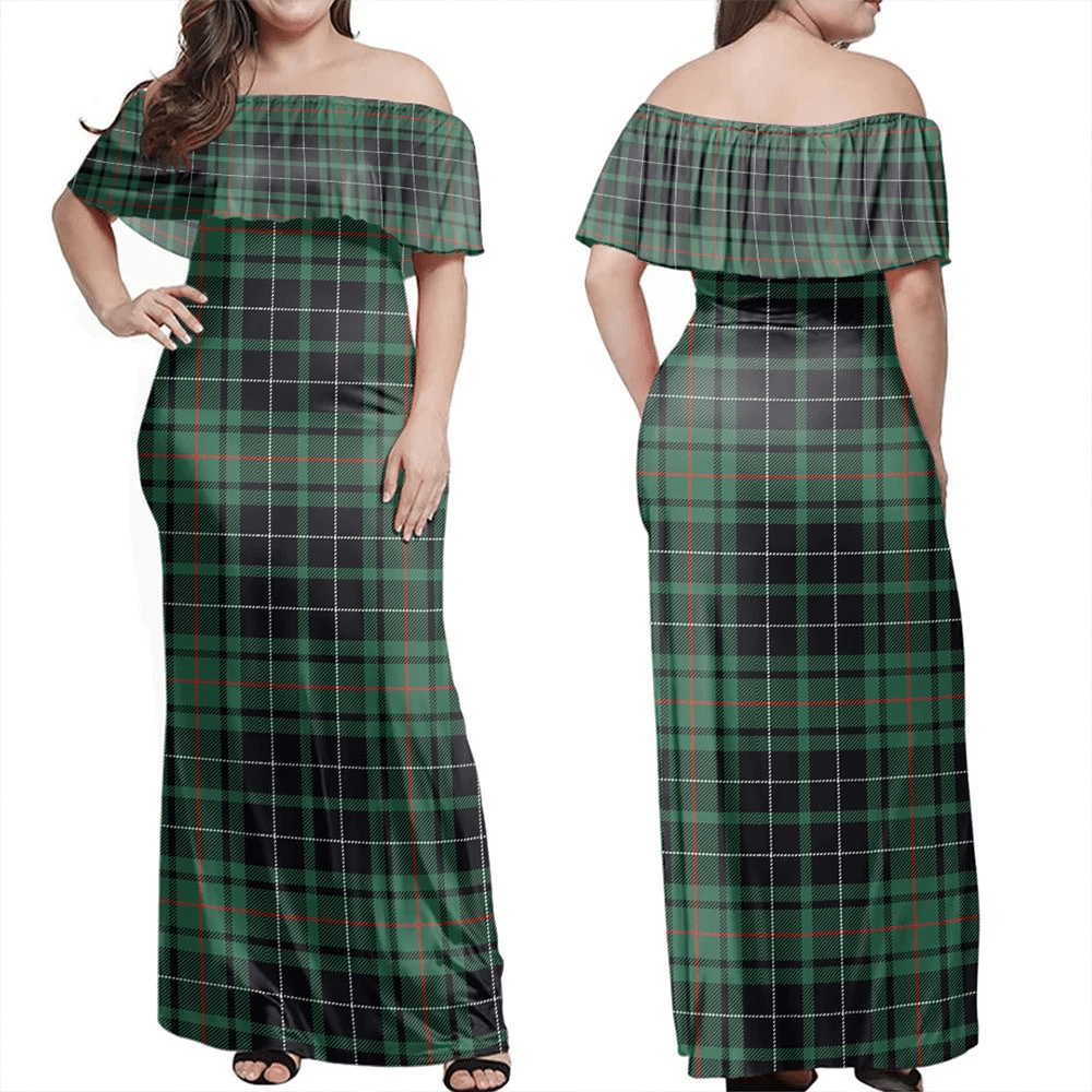 MacAulay Hunting Ancient Tartan Off Shoulder Long Dress