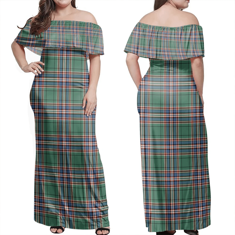 MacFarlane Hunting Ancient Tartan Off Shoulder Long Dress