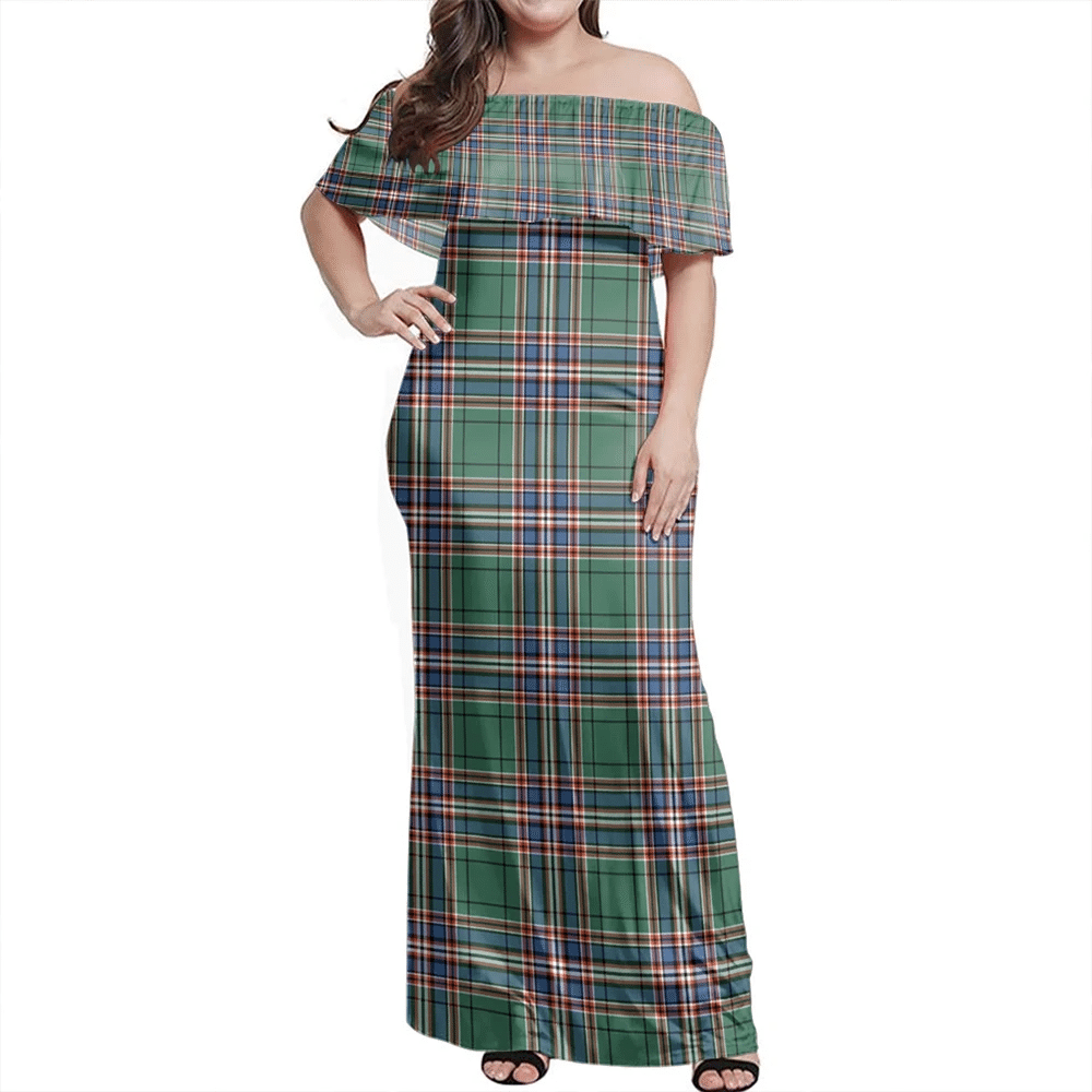 MacFarlane Hunting Ancient Tartan Off Shoulder Long Dress