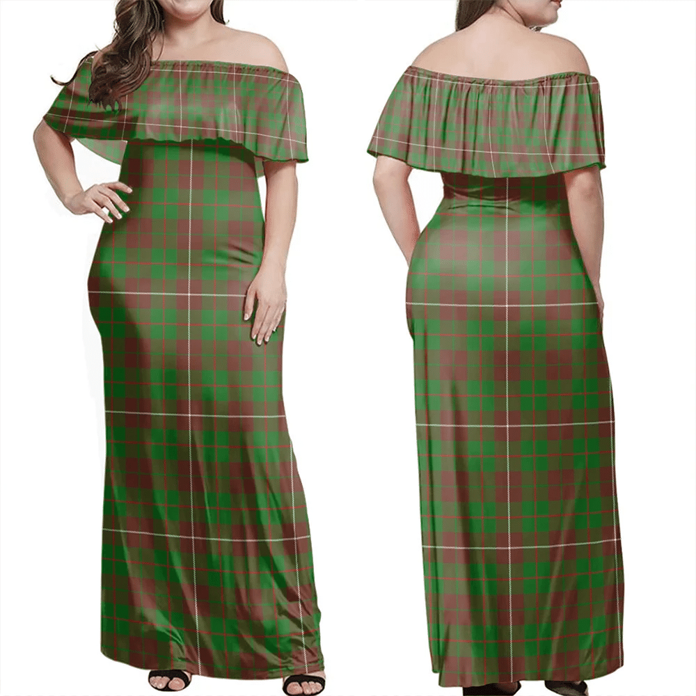 MacKinnon Hunting Modern Tartan Off Shoulder Long Dress