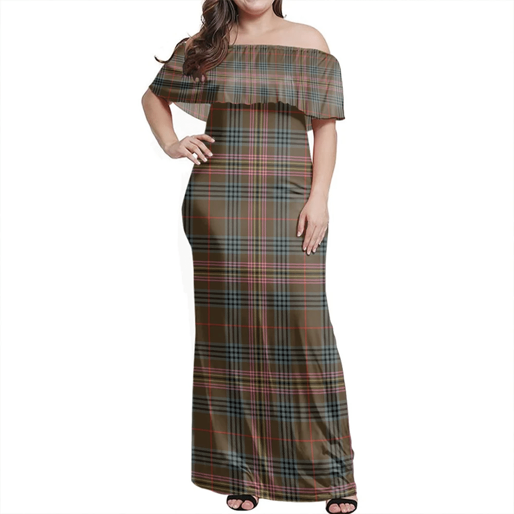 Kennedy Weathered Tartan Off Shoulder Long Dress