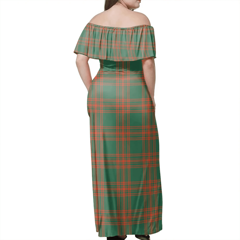 Menzies Green Ancient Tartan Off Shoulder Long Dress