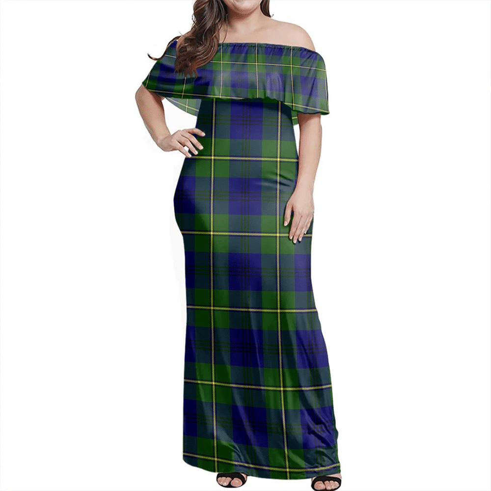 Johnston Modern Tartan Off Shoulder Long Dress