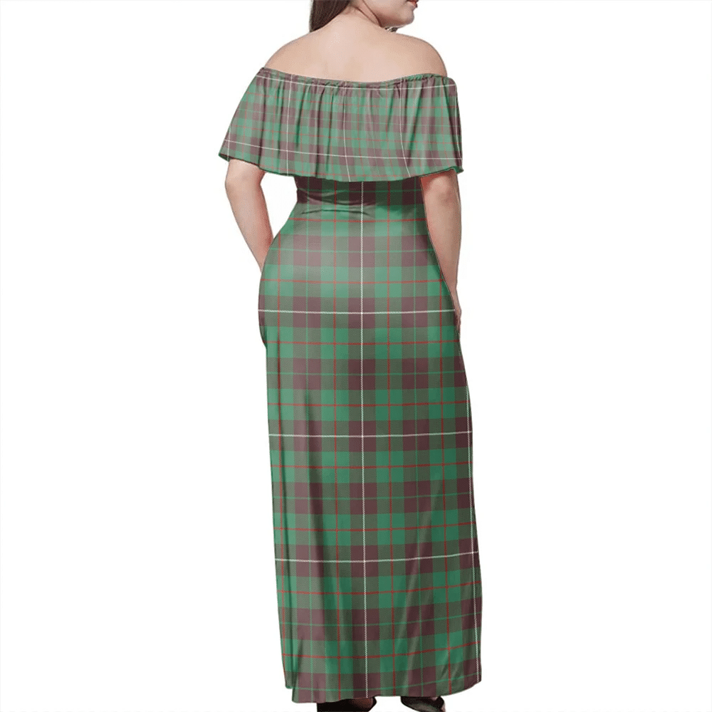 MacKinnon Hunting Ancient Tartan Off Shoulder Long Dress