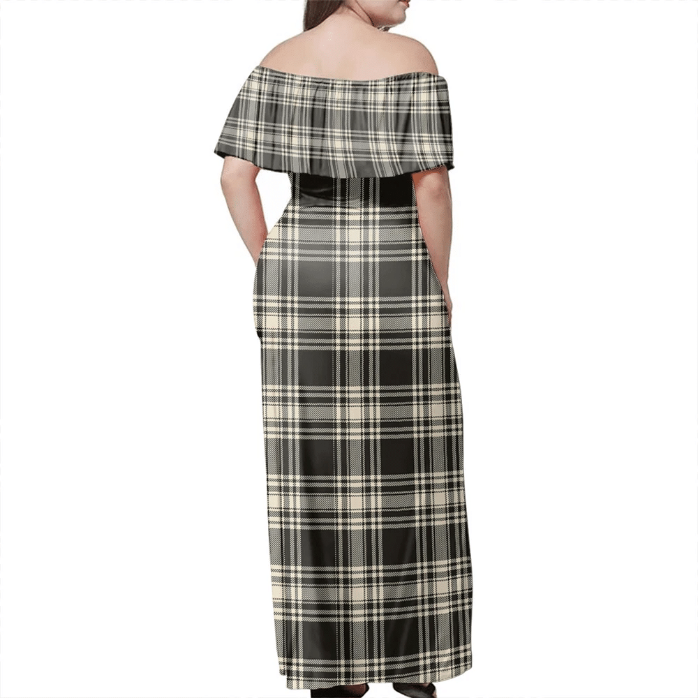 Menzies Black & White Ancient Tartan Off Shoulder Long Dress