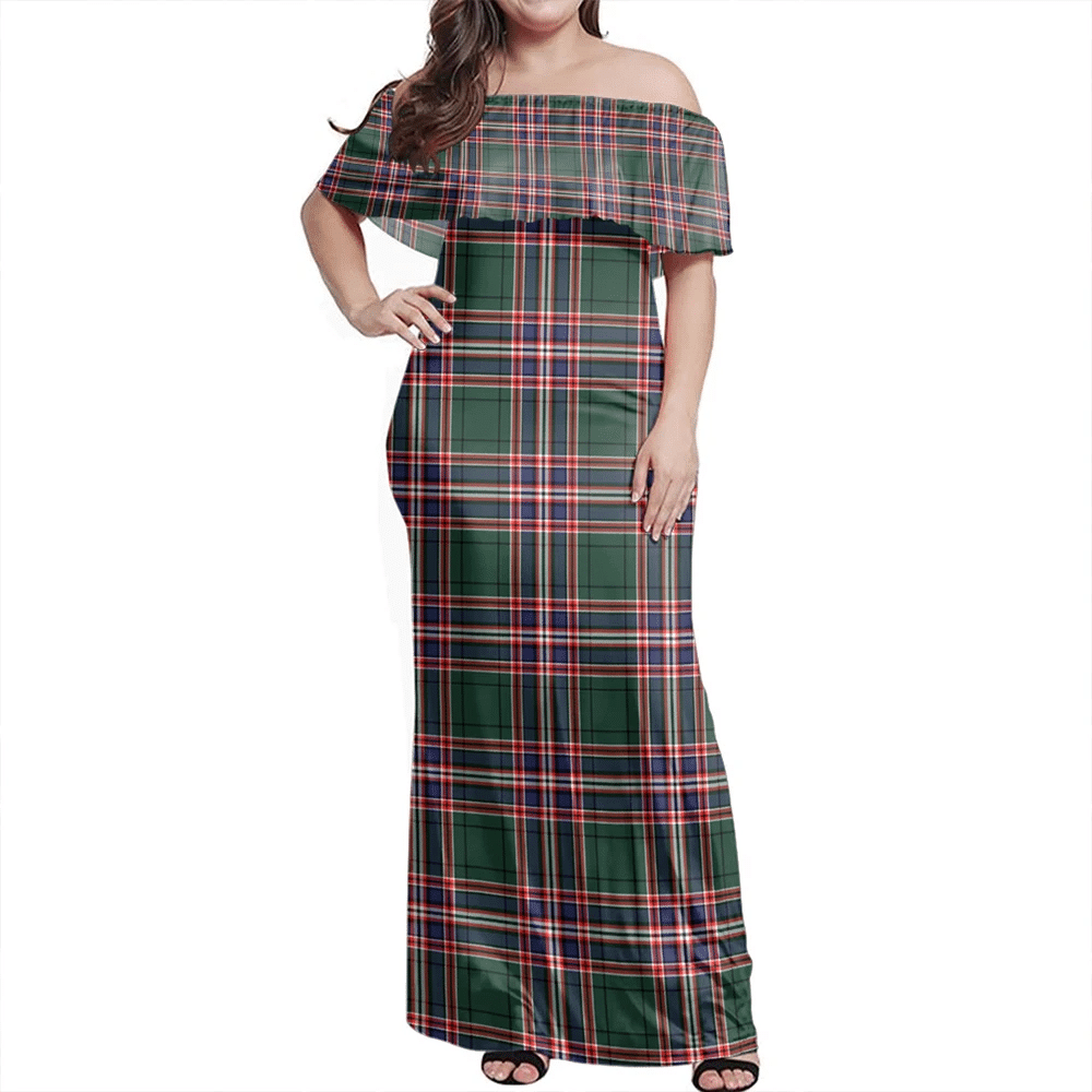 MacFarlane Hunting Modern Tartan Off Shoulder Long Dress