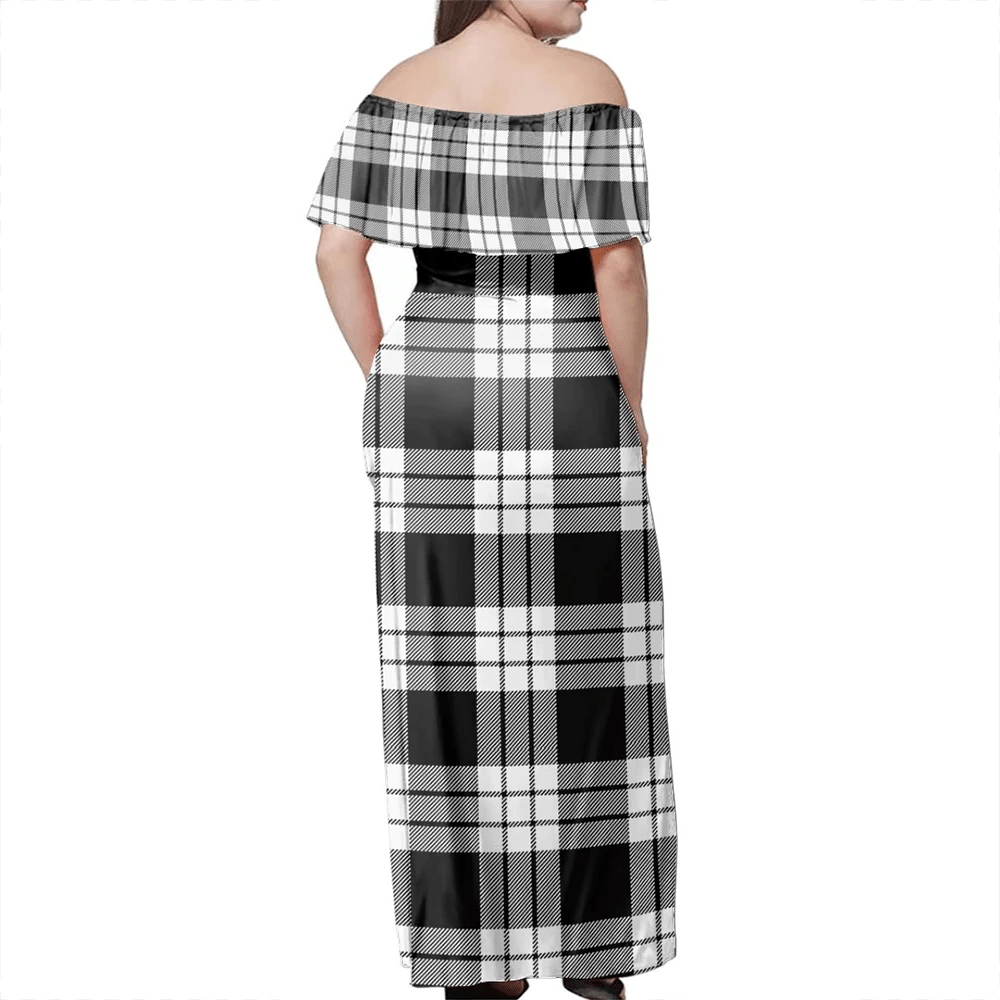 MacFarlane Black & White Ancient Tartan Off Shoulder Long Dress