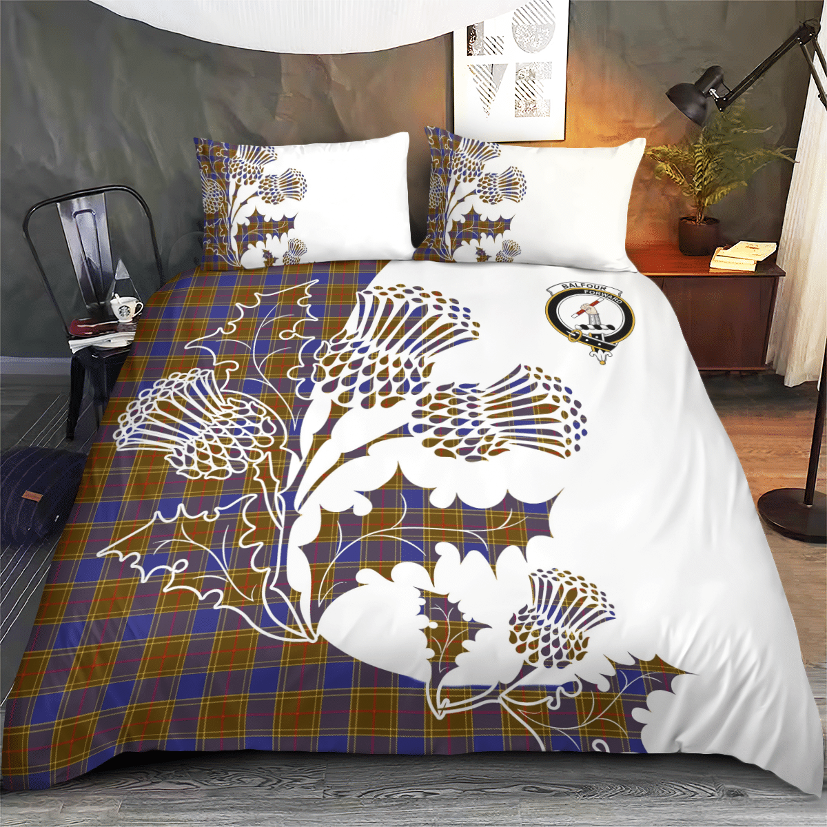 Balfour Tartan Crest Bedding Set - Thistle Style