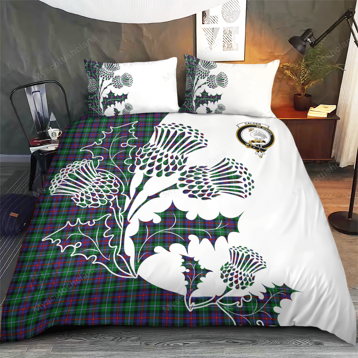 Calder Tartan Crest Bedding Set - Thistle Style