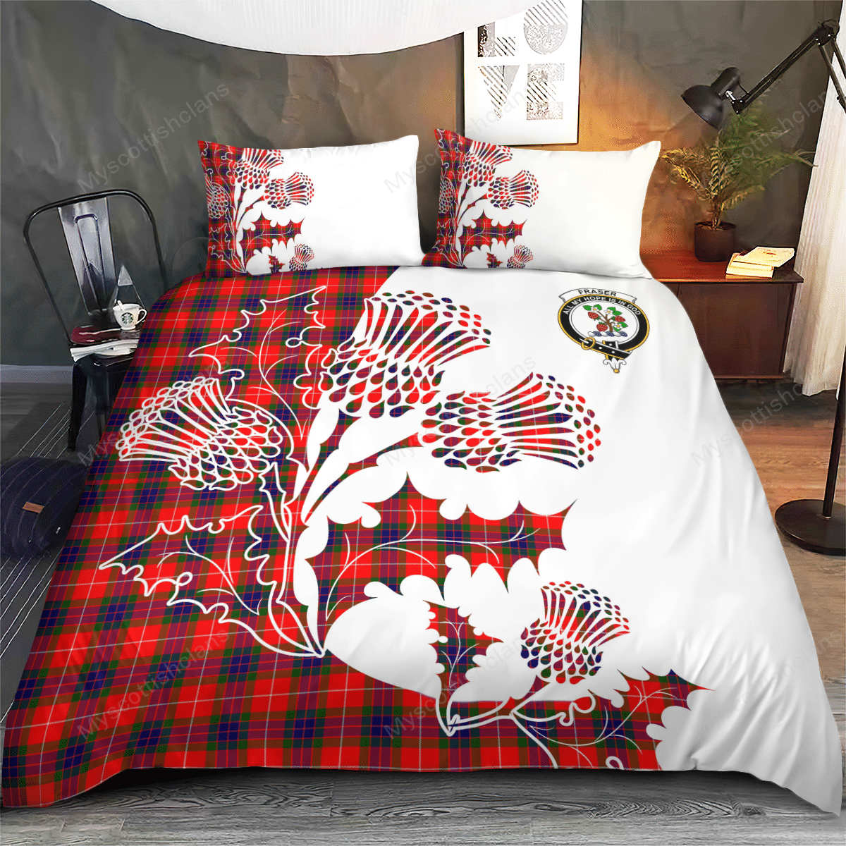 Fraser Tartan Crest Bedding Set - Thistle Style