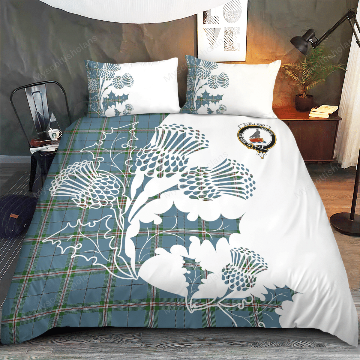 Clelland Tartan Crest Bedding Set - Thistle Style