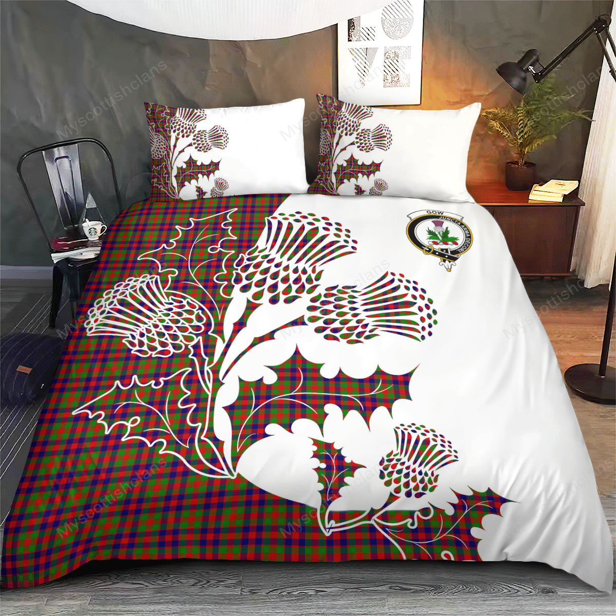 Gow (of Skeoch) Tartan Crest Bedding Set - Thistle Style