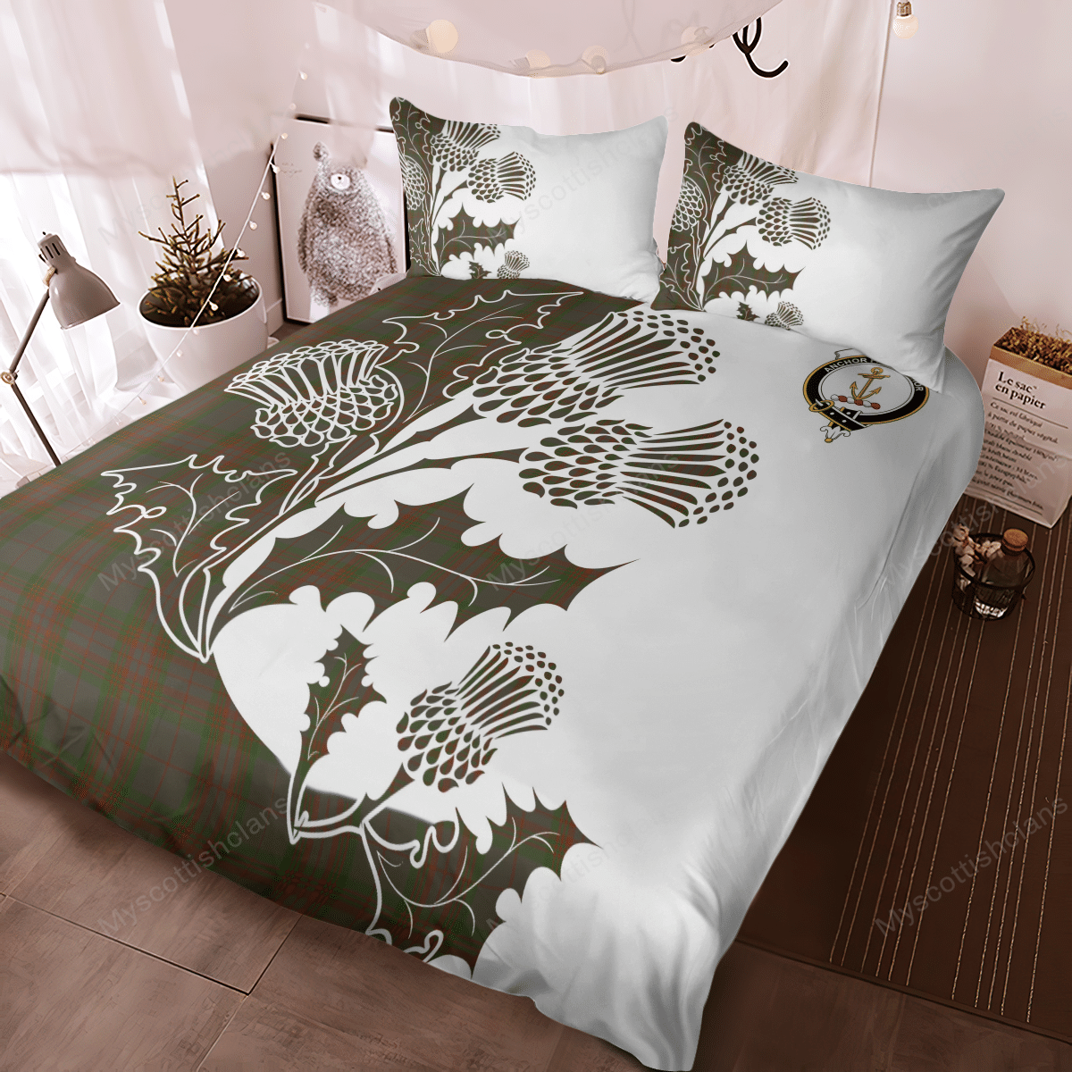 Gray Tartan Crest Bedding Set - Thistle Style