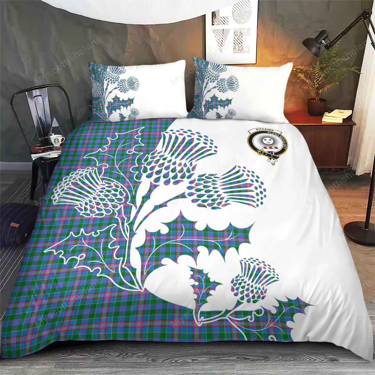 Pitcairn Tartan Crest Bedding Set - Thistle Style