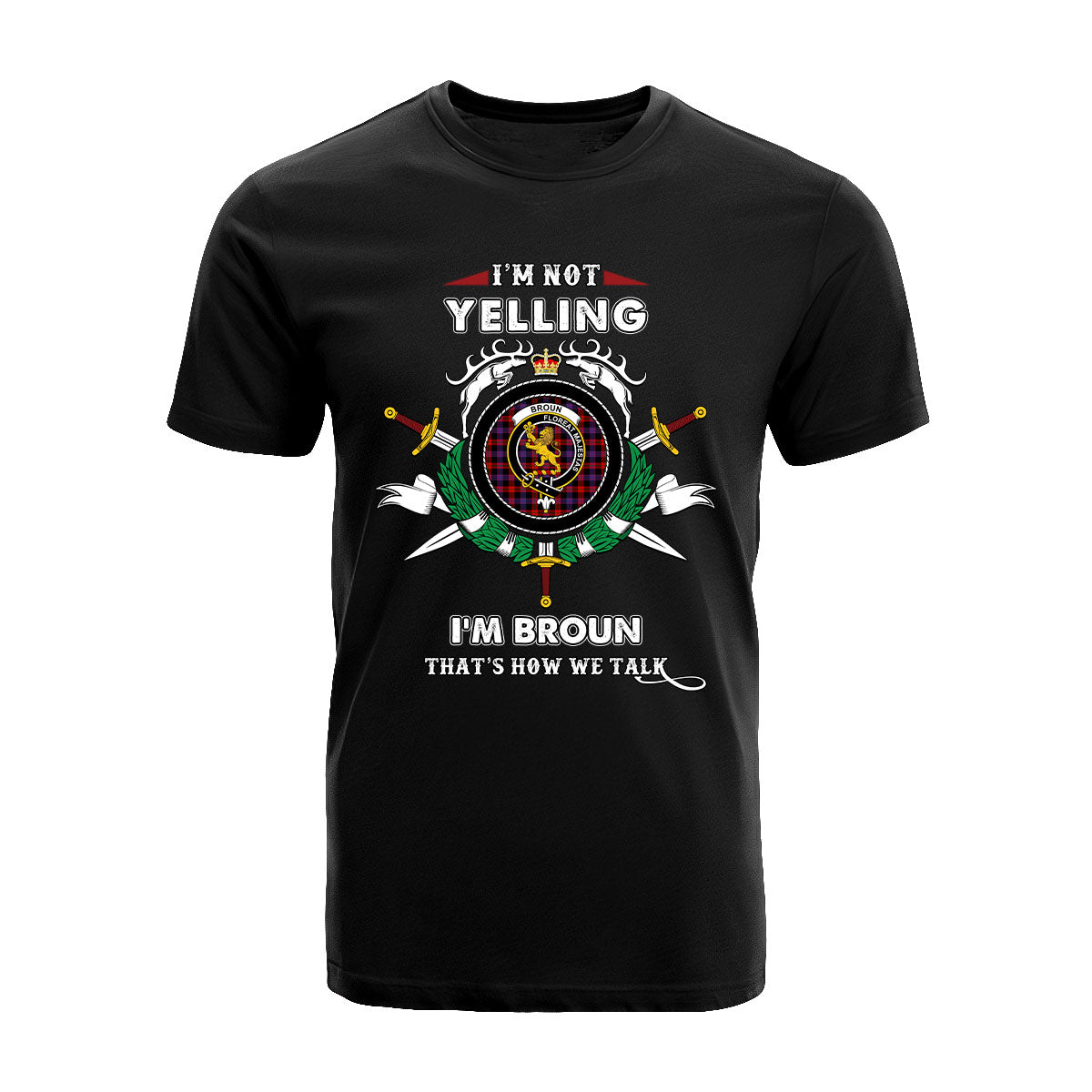 Broun Tartan Crest T-shirt - I'm not yelling style