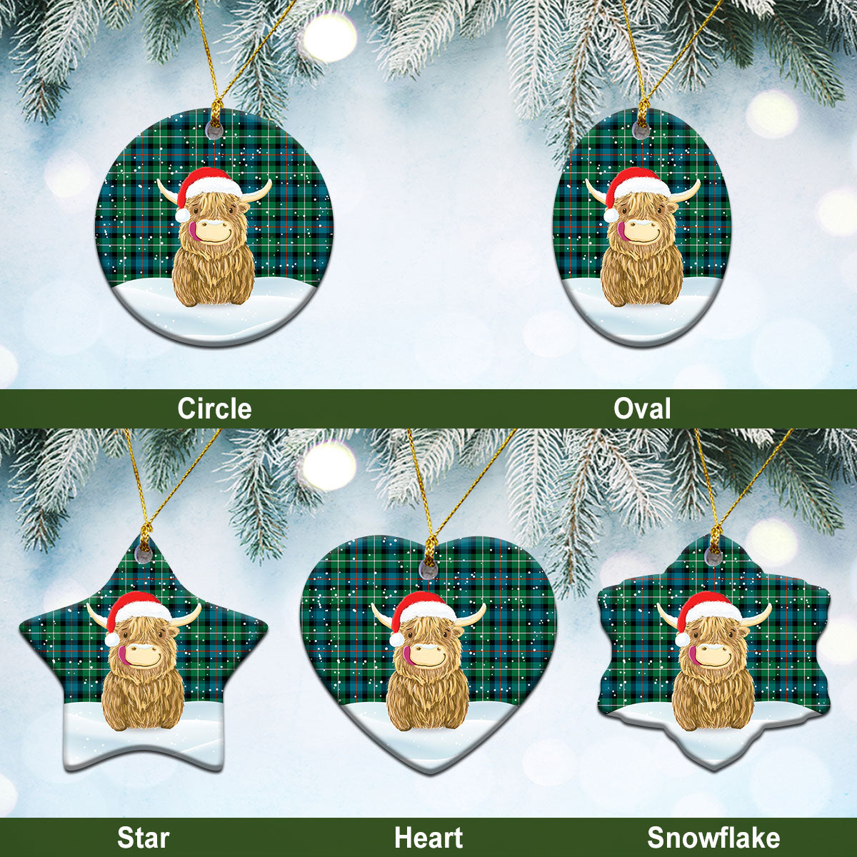 MacKenzie Ancient Tartan Christmas Ceramic Ornament - Highland Cows Style