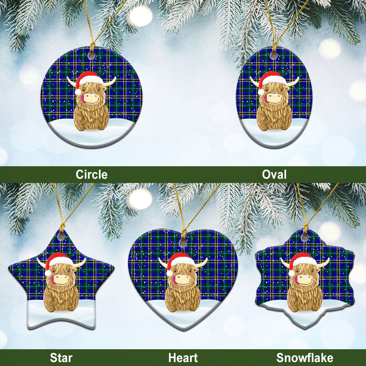 Weir Modern Tartan Christmas Ceramic Ornament - Highland Cows Style